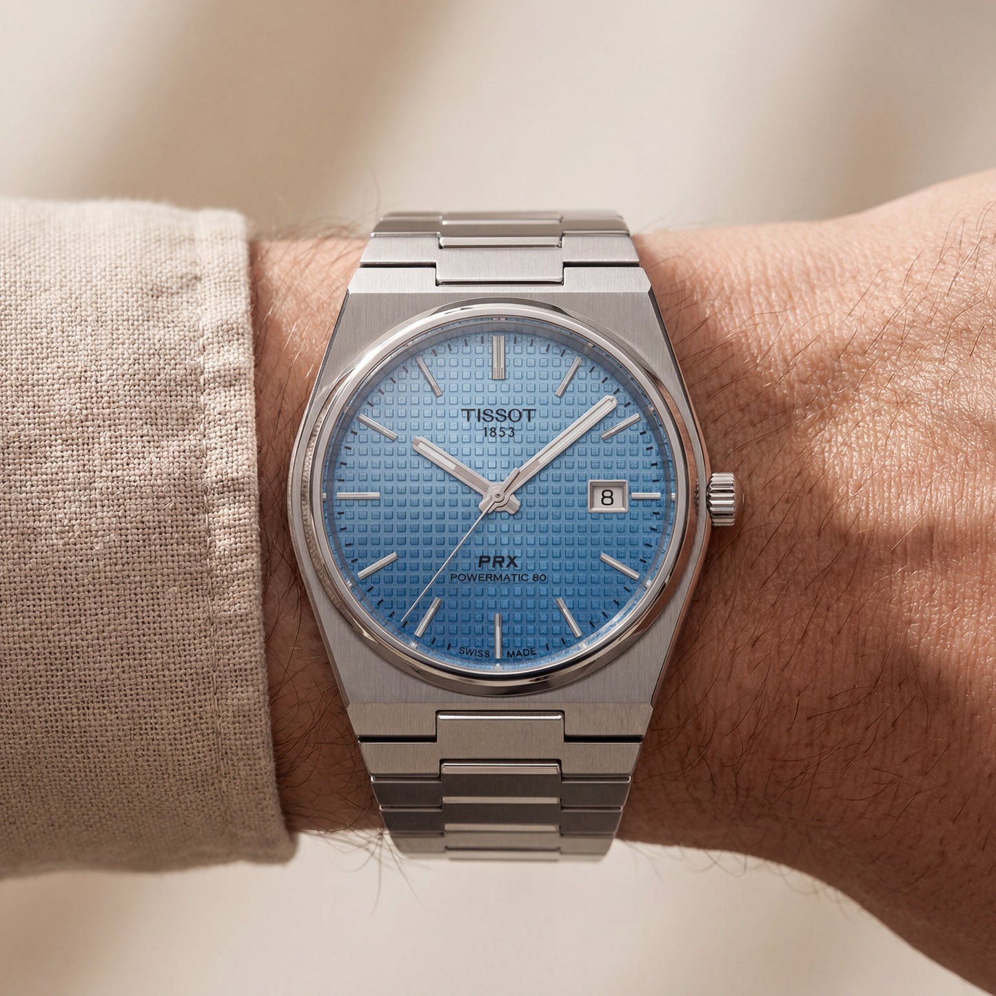 Steel Blue Textured Dial Integrated Bracelet Luxury Watch – Men