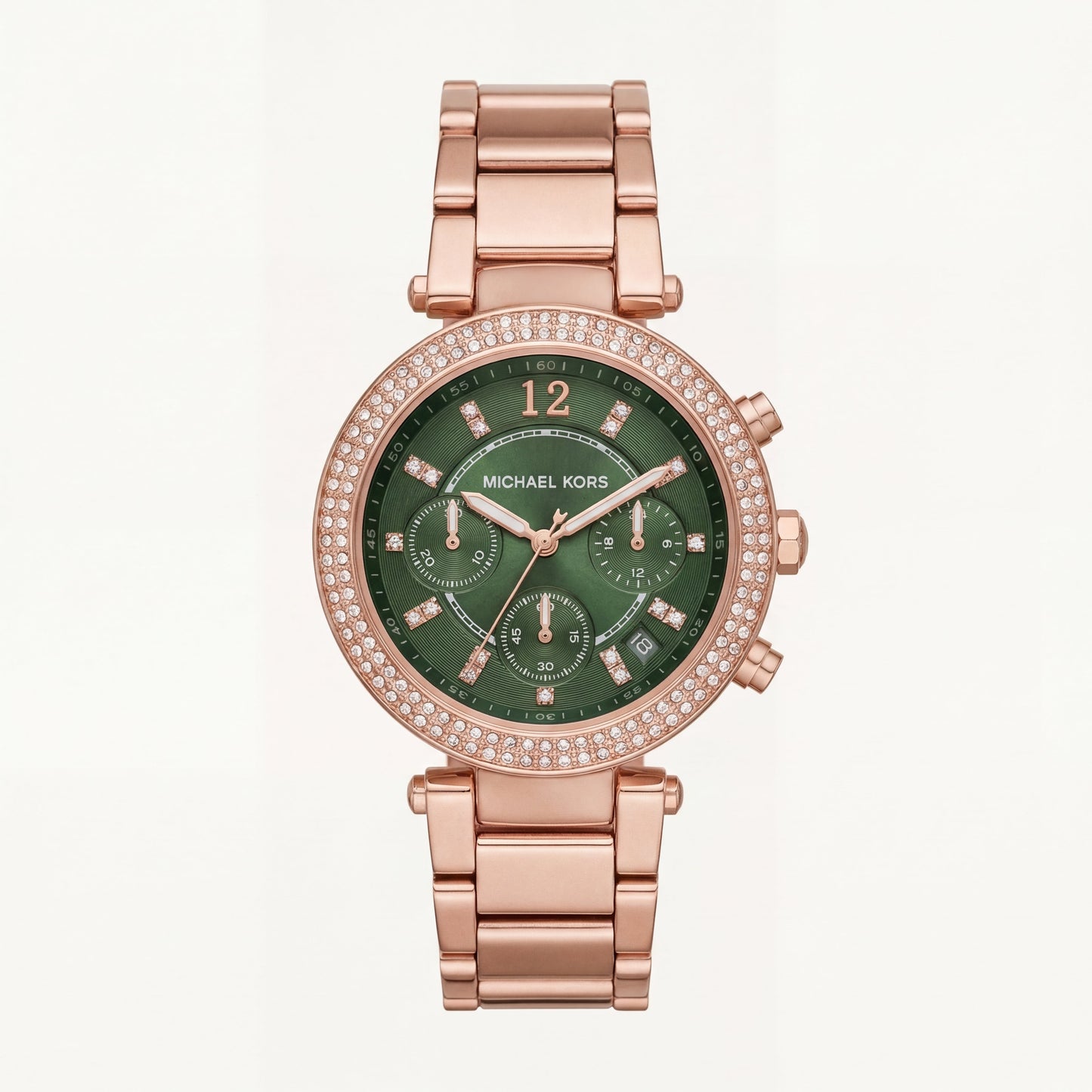 Rose Gold Crystal Bezel Green Chronograph Luxury Bracelet Watch – Women