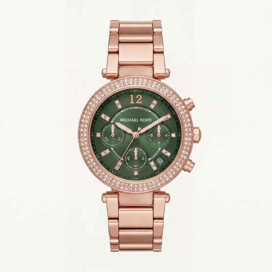 Rose Gold Crystal Bezel Green Chronograph Luxury Bracelet Watch – Women