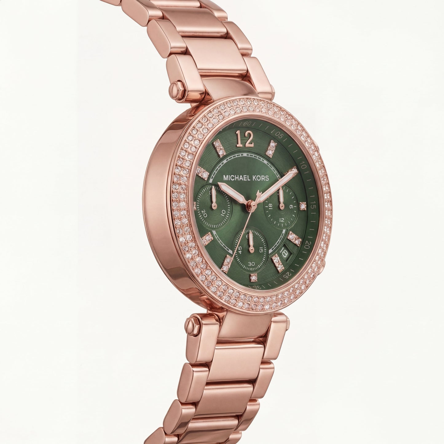 Rose Gold Crystal Bezel Green Chronograph Luxury Bracelet Watch – Women