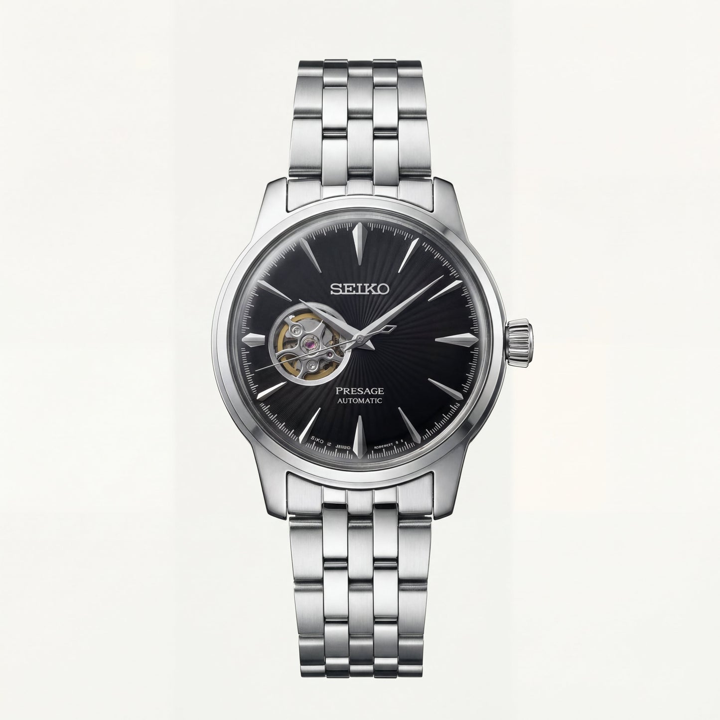 Silver Stainless Steel Case Black Sunburst Dial Open-Heart Automatic Luxury Bracelet Watch – Men