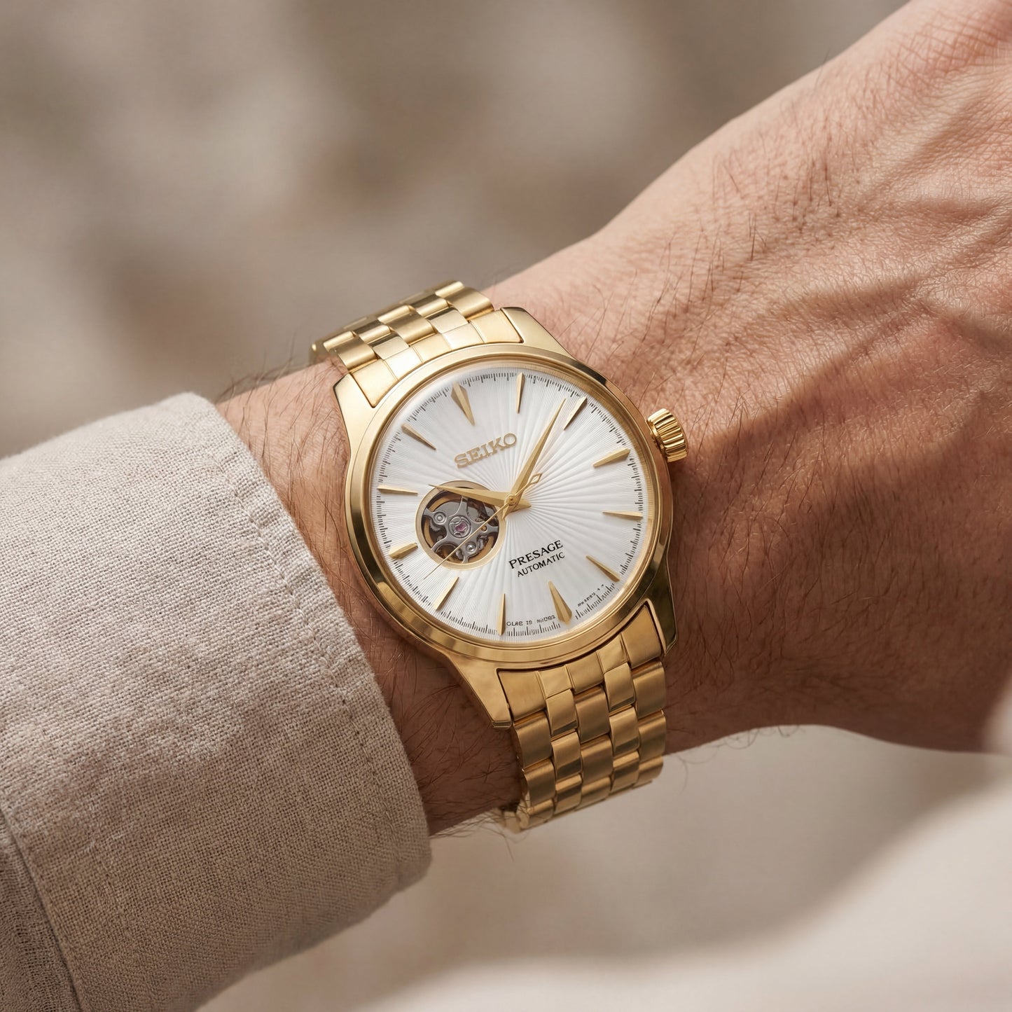 Gold Stainless Steel Case White Sunburst Dial Open-Heart Automatic Luxury Bracelet Watch – Men