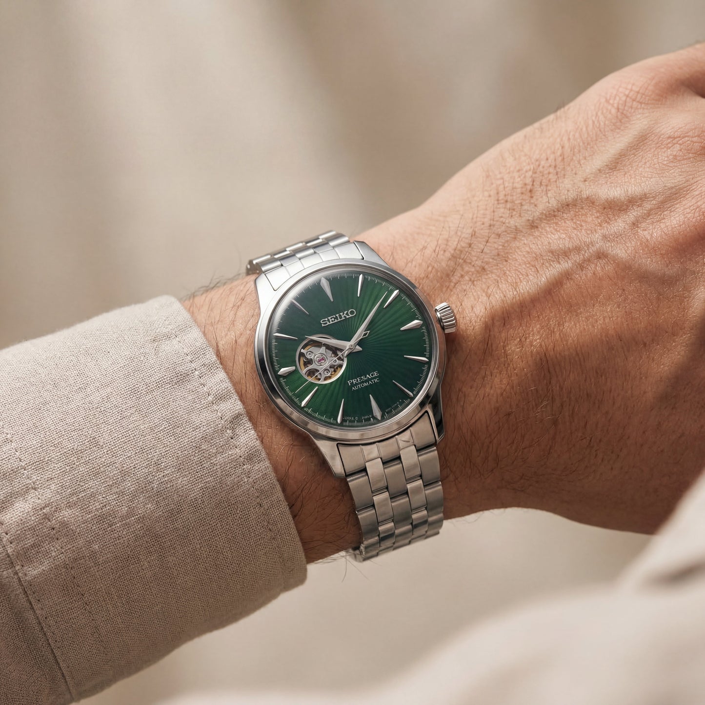Silver Stainless Steel Case Emerald Green Sunburst Dial Open-Heart Automatic Luxury Bracelet Watch – Men