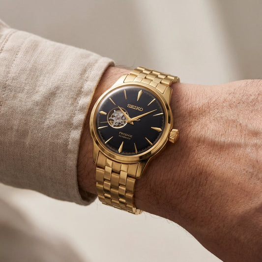 Gold Stainless Steel Automatic Open-Heart Dial Luxury Mechanical Bracelet Watch – Men