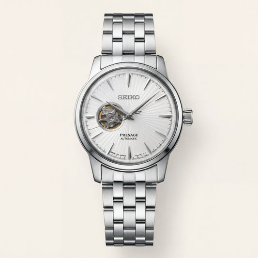 Silver Stainless Steel Case Silver Sunburst Dial Open-Heart Automatic Luxury Bracelet Watch – Men
