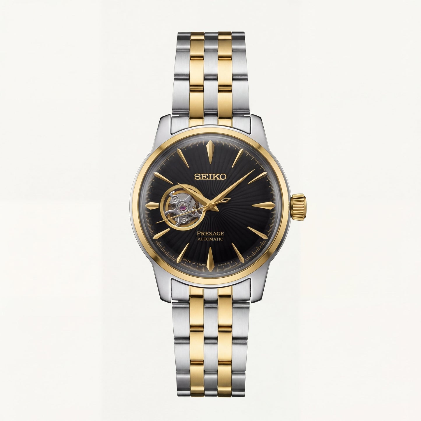 Two-Tone Gold & Silver Stainless Steel Case Black Sunburst Dial Open-Heart Automatic Luxury Bracelet Watch – Men