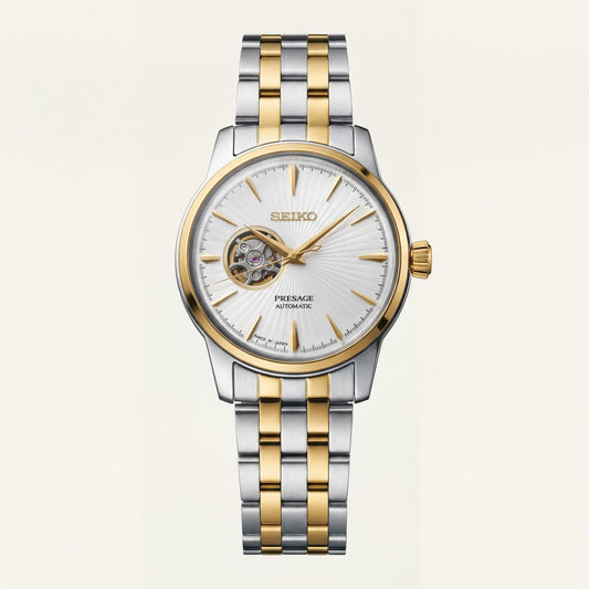 Two-Tone Gold & Silver Stainless Steel Case White Sunburst Dial Open-Heart Automatic Luxury Bracelet Watch – Men