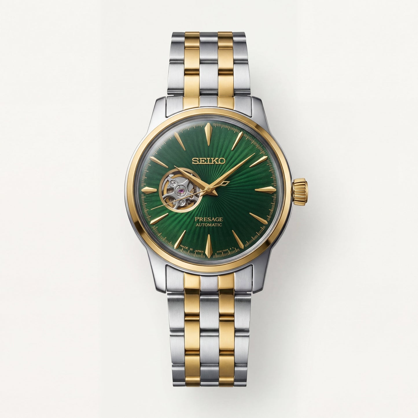 Two-Tone Gold & Silver Stainless Steel Case Emerald Green Sunburst Dial Open-Heart Automatic Luxury Bracelet Watch – Men