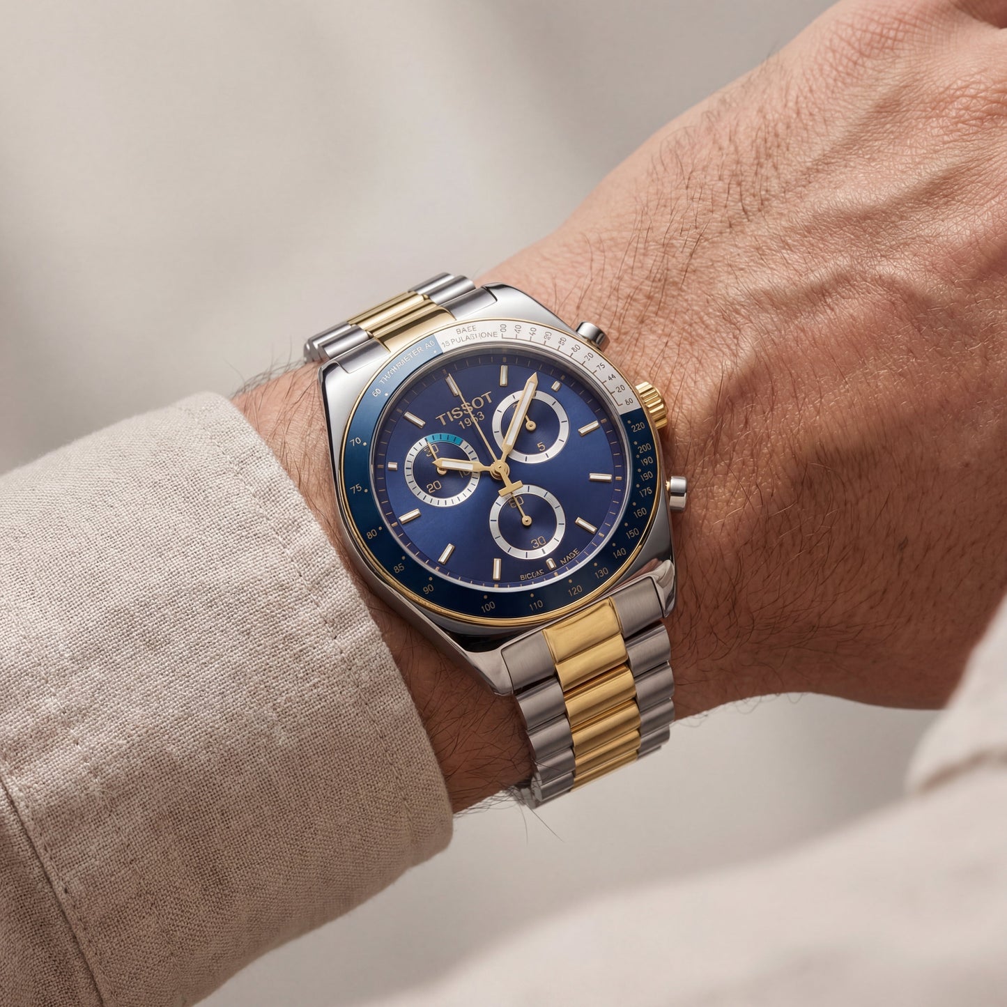 Luxury Two-Tone Stainless Steel Chronograph Tachymeter Blue Dial Premium Bracelet Watch – Men