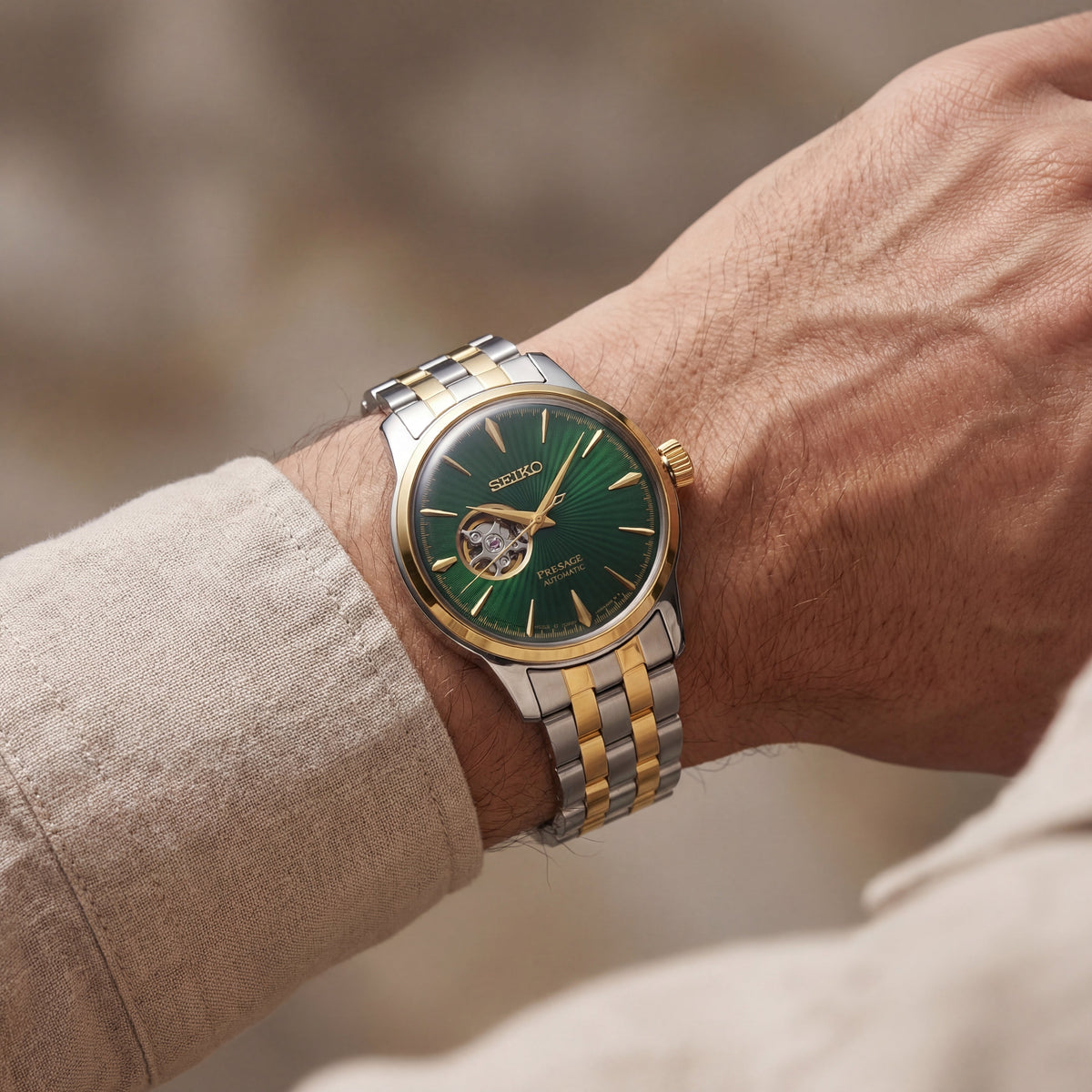 Two-Tone Gold & Silver Stainless Steel Case Emerald Green Sunburst Dial Open-Heart Automatic Luxury Bracelet Watch – Men
