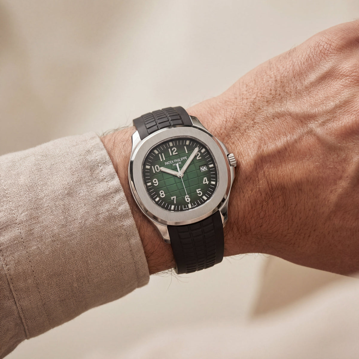 Luxury Stainless Steel Sport Watch Green Embossed Dial Black Rubber Strap Premium Watch – Men