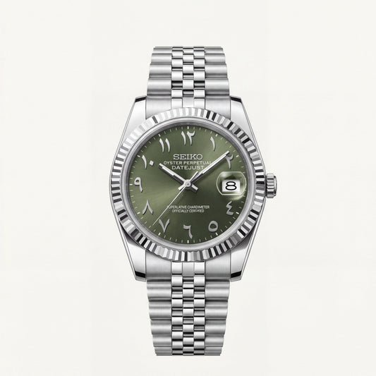 Luxury Silver Stainless Steel Watch Fluted Bezel Olive Green Sunburst Dial Arabic Numerals Jubilee Bracelet Premium Automatic Watch – Men