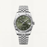 Luxury Silver Stainless Steel Watch Fluted Bezel Olive Green Sunburst Dial Arabic Numerals Jubilee Bracelet Premium Automatic Watch – Men