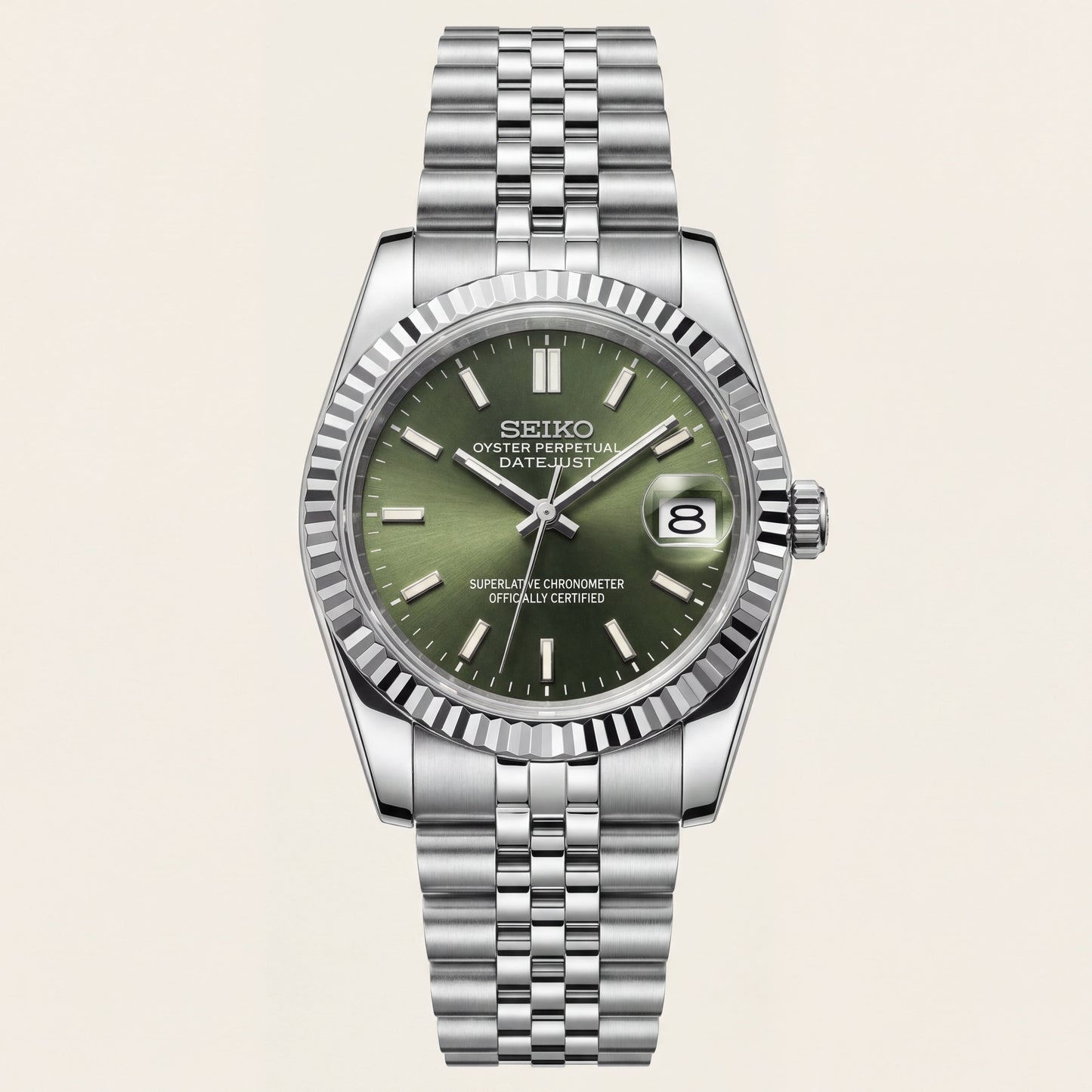 Luxury Silver Stainless Steel Watch Fluted Bezel Green Sunburst Dial Jubilee Bracelet Premium Automatic Watch – Men