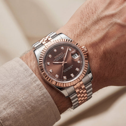 Luxury Two-Tone Rose Gold Watch Fluted Bezel Brown Sunburst Dial Diamond Hour Markers Stainless Steel Jubilee Bracelet – Men