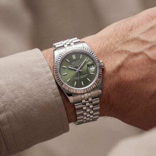 Luxury Silver Stainless Steel Watch Fluted Bezel Green Sunburst Dial Jubilee Bracelet Premium Automatic Watch – Men
