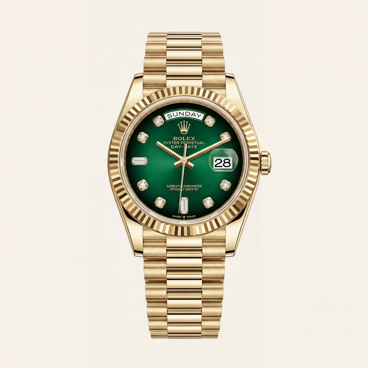 Luxury Gold Stainless Steel Watch Fluted Bezel Emerald Green Sunburst Dial Diamond Markers Day-Date  Watch – Men