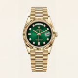 Luxury Gold Stainless Steel Watch Fluted Bezel Emerald Green Sunburst Dial Diamond Markers Day-Date  Watch – Men