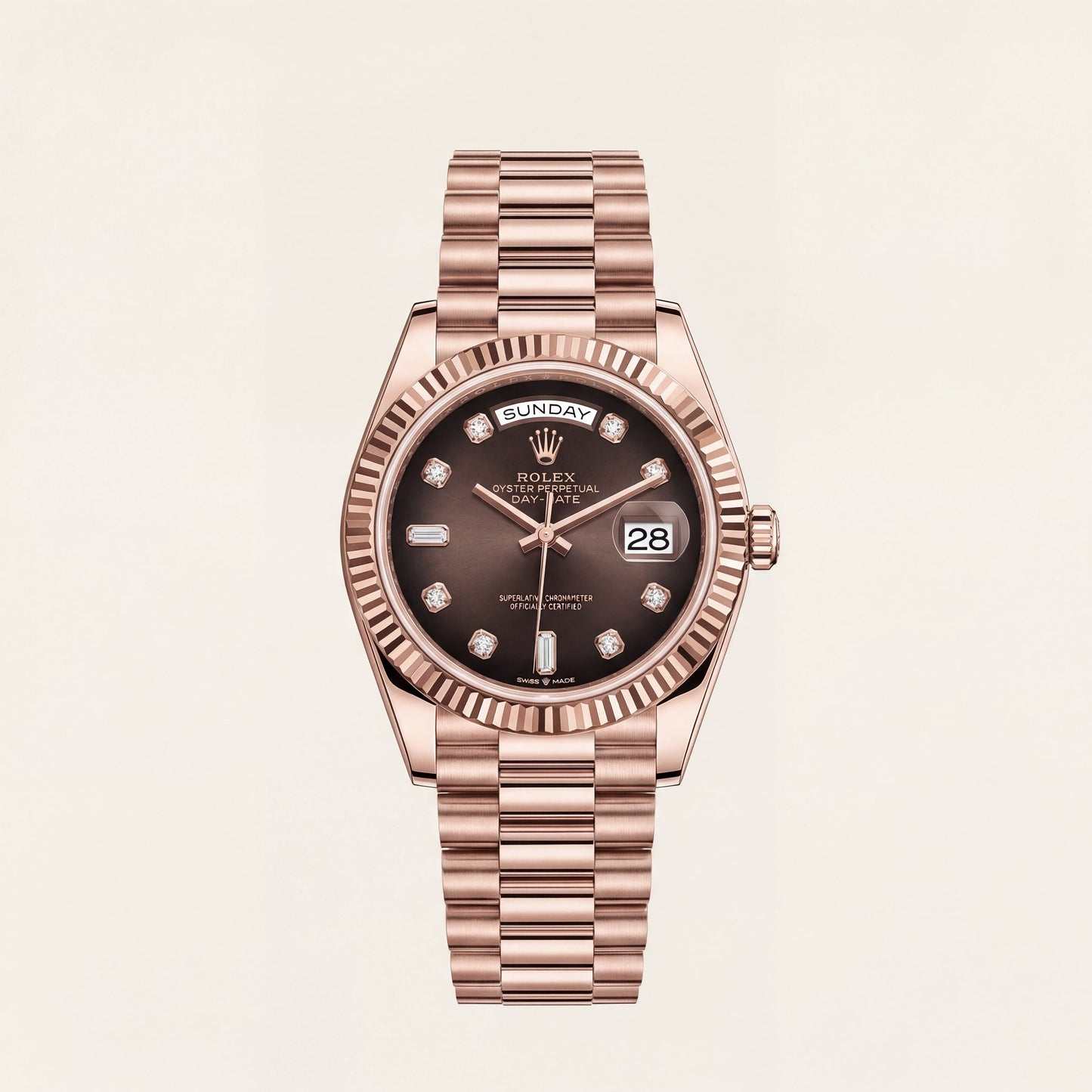 Luxury Rose Gold Stainless Steel Watch Fluted Bezel Chocolate Brown Dial Diamond Markers Day-Date Watch – Men
