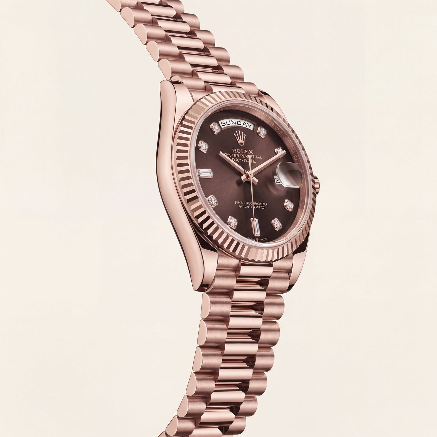 Luxury Rose Gold Stainless Steel Watch Fluted Bezel Chocolate Brown Dial Diamond Markers Day-Date Watch – Men