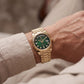 Luxury Gold Stainless Steel Watch Fluted Bezel Emerald Green Sunburst Dial Diamond Markers Day-Date  Watch – Men