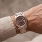 Luxury Two-Tone Stainless Steel Watch Rose Gold Fluted Bezel Chocolate Sunburst Dial Diamond Markers Date Watch – Men