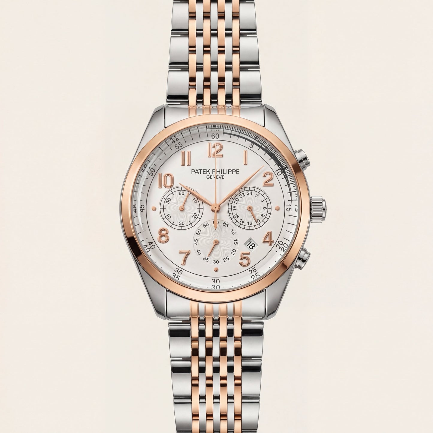 Luxury Two-Tone Stainless Steel Chronograph Watch Rose Gold Bezel Silver Dial Arabic Numerals Multi-Subdial Date Display – Men