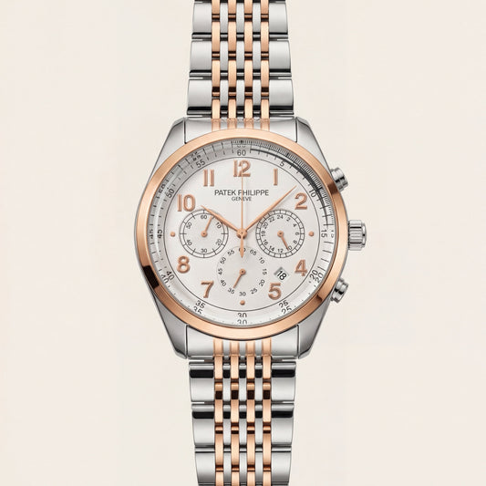 Luxury Two-Tone Stainless Steel Chronograph Watch Rose Gold Bezel Silver Dial Arabic Numerals Multi-Subdial Date Display – Men