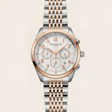 Luxury Two-Tone Stainless Steel Chronograph Watch Rose Gold Bezel Silver Dial Arabic Numerals Multi-Subdial Date Display – Men