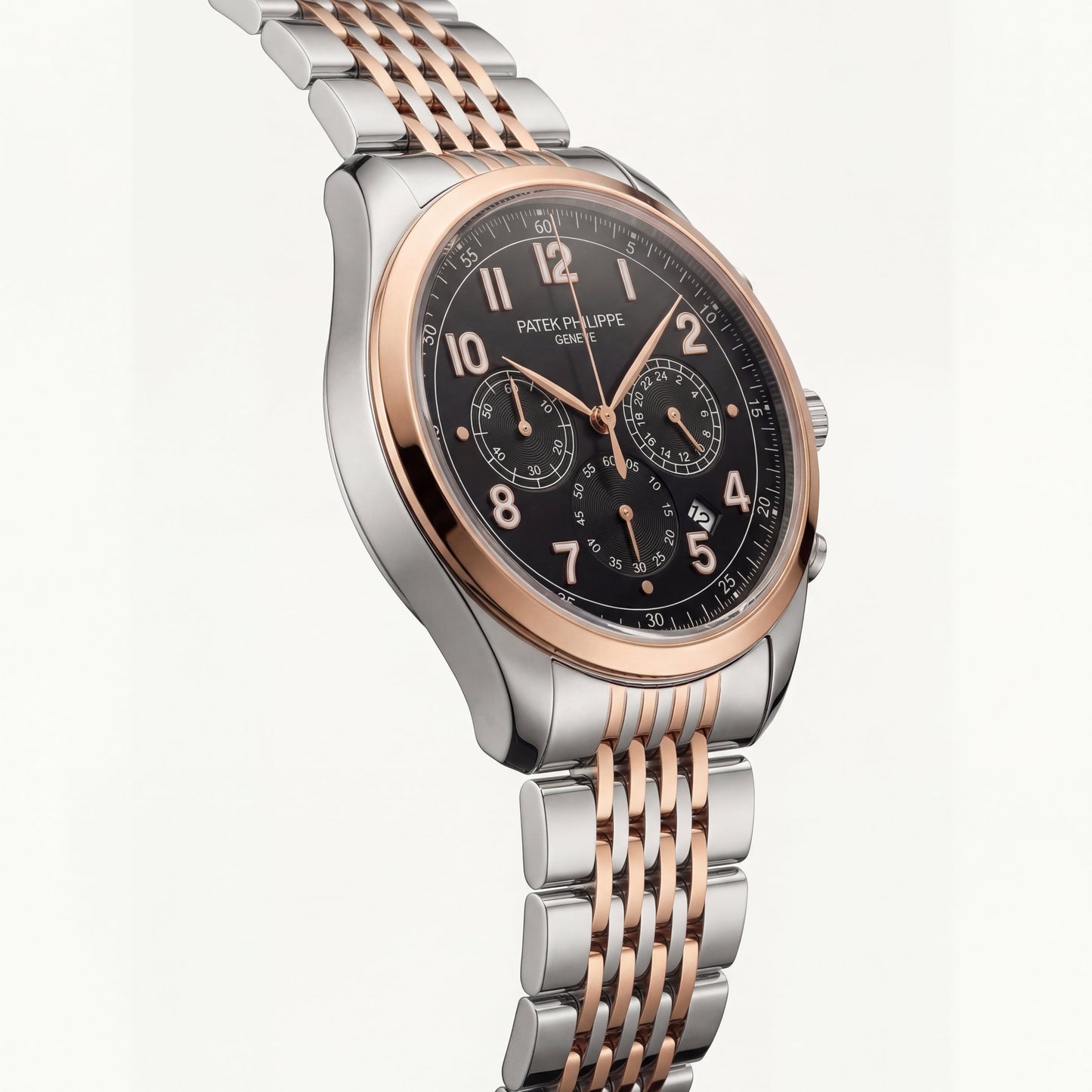 Luxury Two-Tone Stainless Steel Chronograph Watch Rose Gold Bezel Black Dial Arabic Numerals Multi-Subdial Date Display – Men