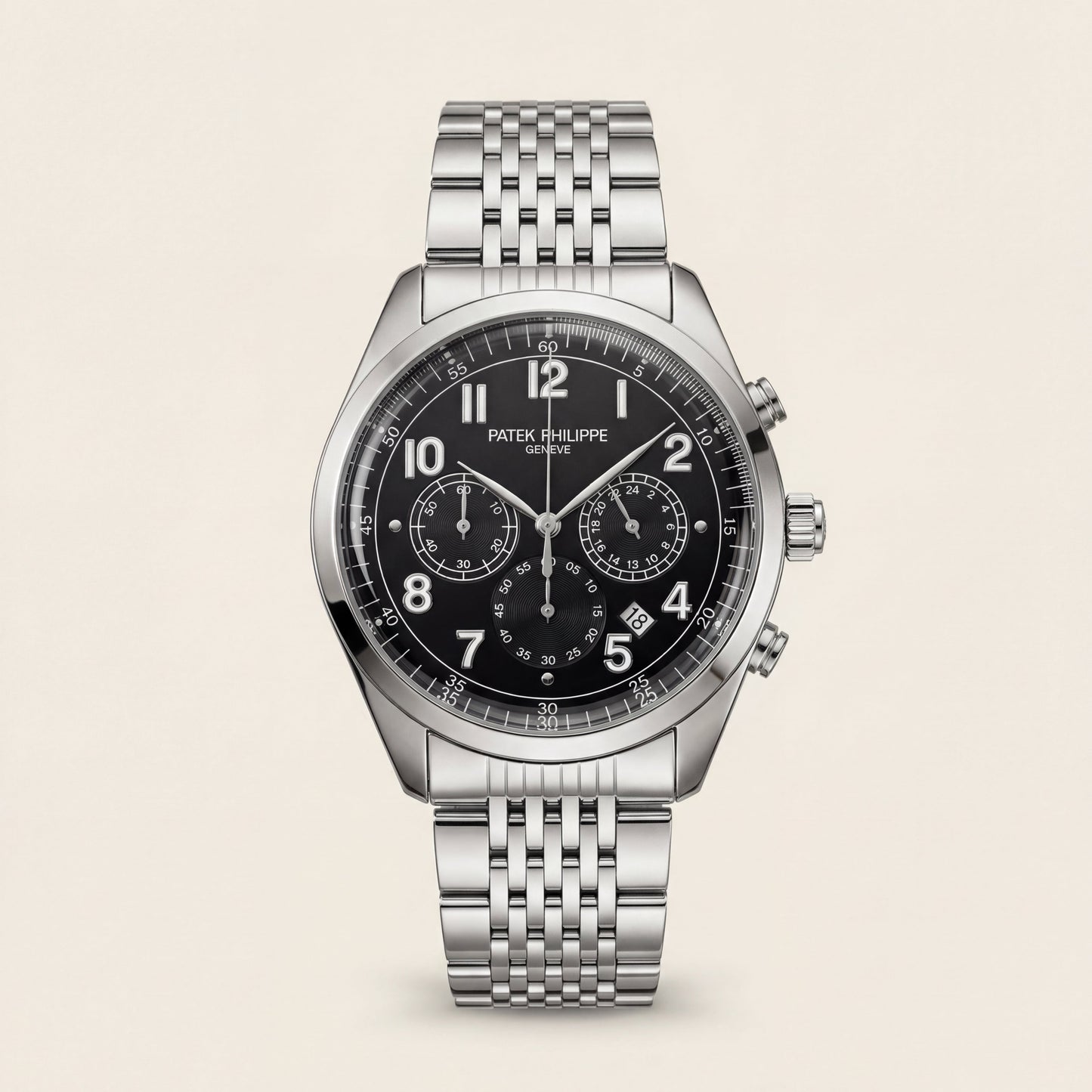 Luxury Silver Stainless Steel Chronograph Watch Black Dial Arabic Numerals Multi-Subdial Date Display – Men