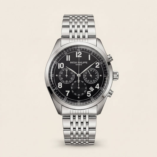 Luxury Silver Stainless Steel Chronograph Watch Black Dial Arabic Numerals Multi-Subdial Date Display – Men