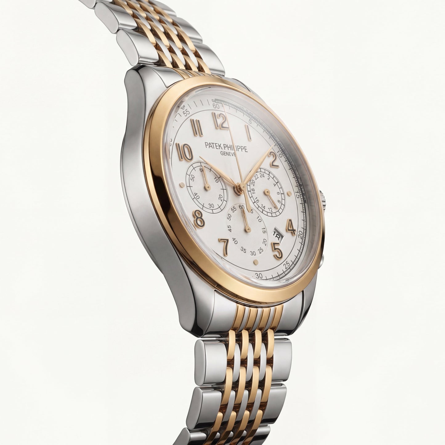 Luxury Two-Tone Stainless Steel Chronograph Watch Gold Bezel Silver Dial Arabic Numerals Multi-Subdial Date Display – Men