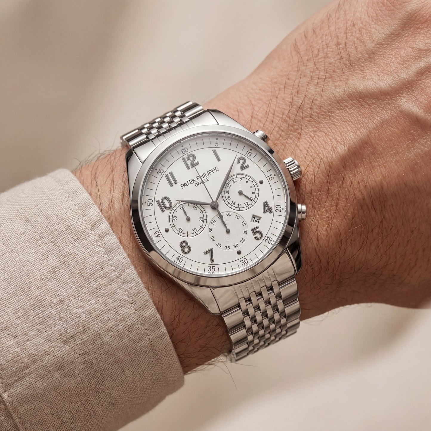 Luxury Silver Stainless Steel Chronograph Watch Silver Dial Arabic Numerals Multi-Subdial Date Display – Men