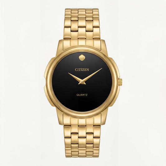 Luxury Gold Stainless Steel Minimalist Watch Black Dial Slim Hands Quartz Dress Watch – Men