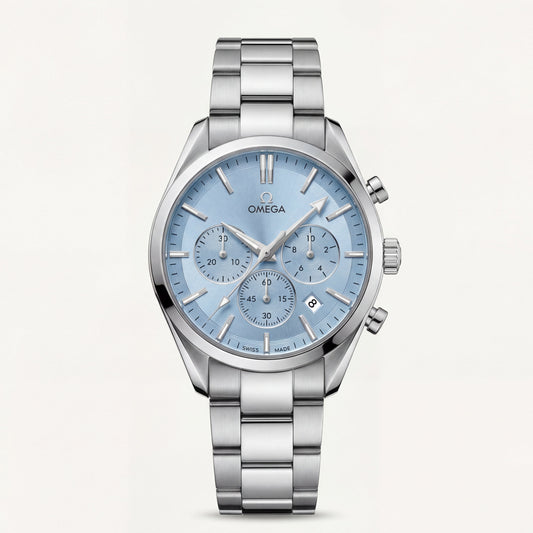 Luxury Silver Stainless Steel Chronograph Watch Ice Blue Dial Baton Markers Multi-Subdial Date Display – Men