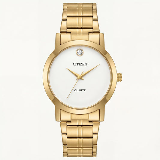 Luxury Gold Stainless Steel Minimalist Watch White Dial Diamond Marker Slim Quartz Dress Watch – Men