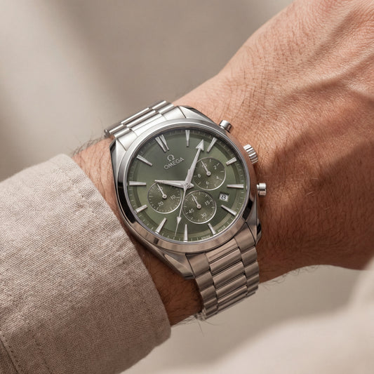 Luxury Silver Stainless Steel Chronograph Watch Olive Green Dial Baton Markers Multi-Subdial Date Display – Men