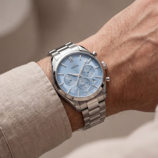 Luxury Silver Stainless Steel Chronograph Watch Ice Blue Dial Baton Markers Multi-Subdial Date Display – Men