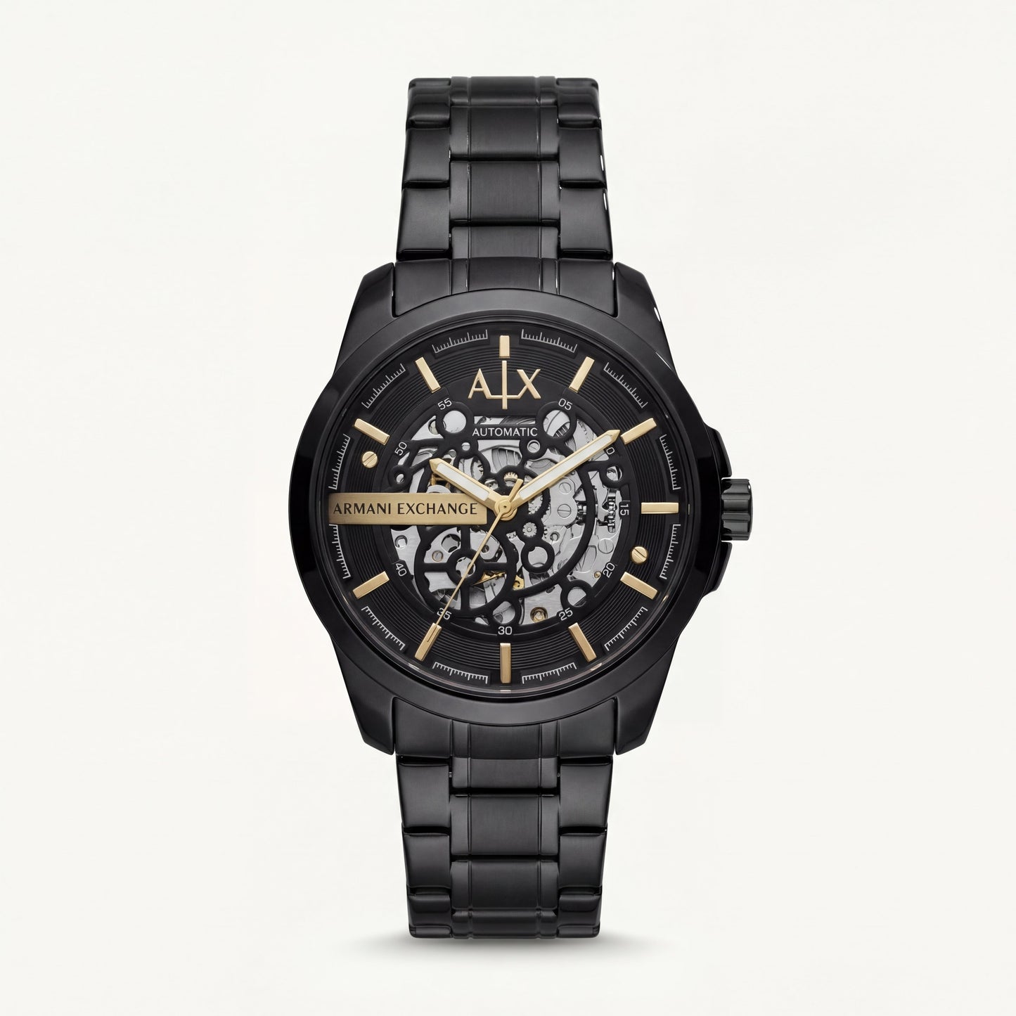 Luxury Black Stainless Steel Skeleton Watch Gold Markers Automatic Open Dial Mechanical Watch – Men