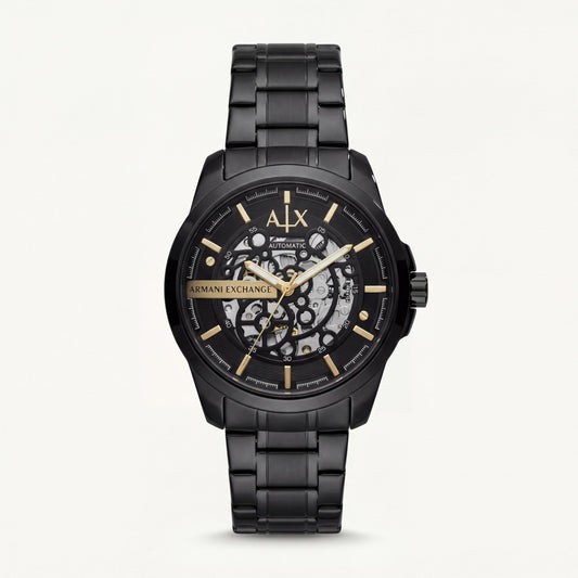 Luxury Black Stainless Steel Skeleton Watch Gold Markers Automatic Open Dial Mechanical Watch – Men