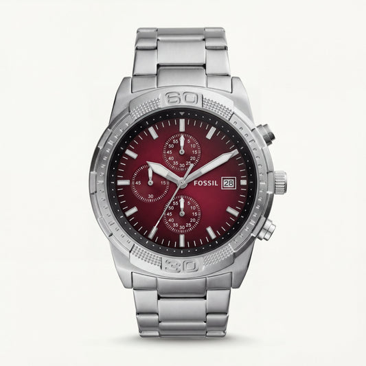Premium Silver Stainless Steel Chronograph Watch Red Sunburst Dial Date Display Sport Luxury Watch – Men