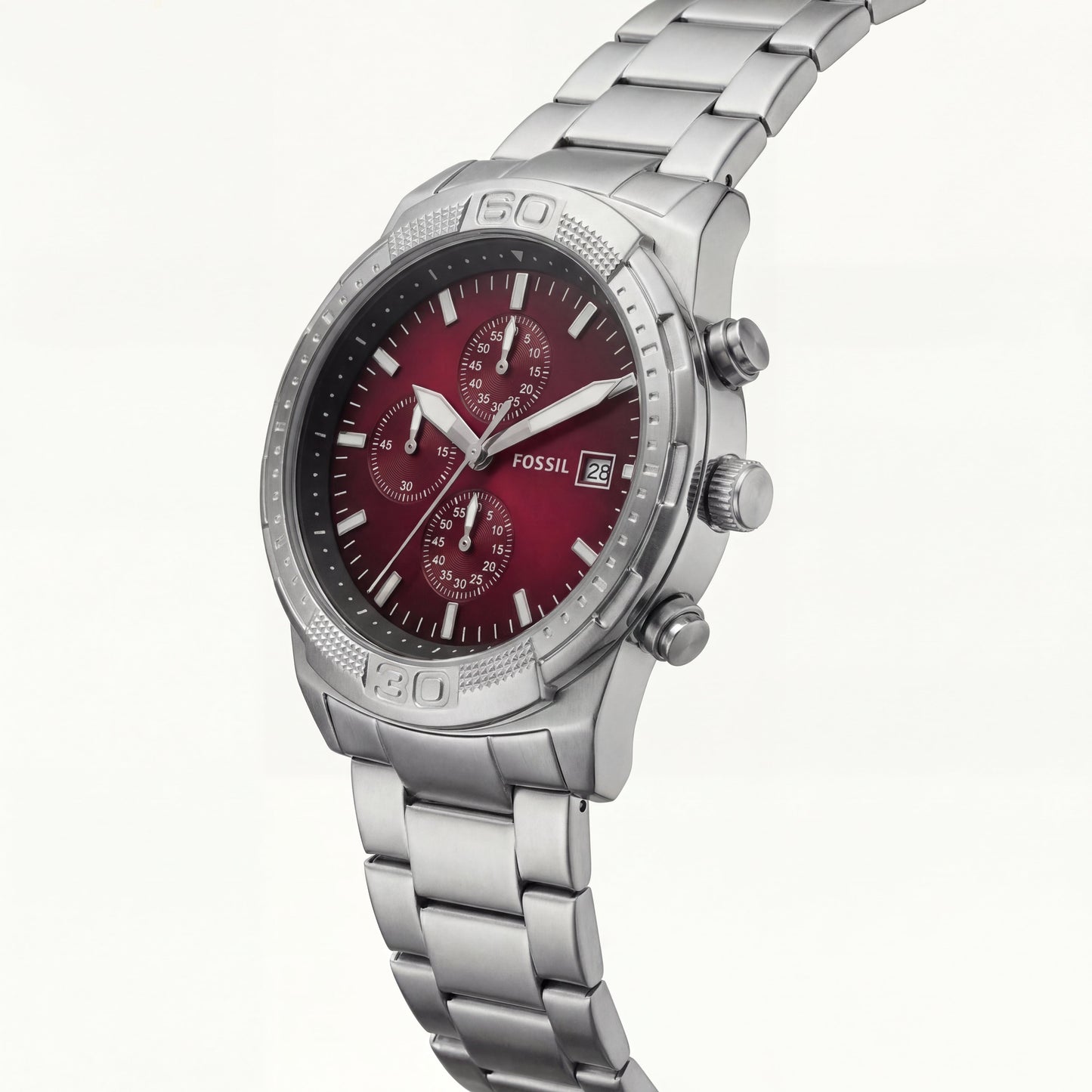 Premium Silver Stainless Steel Chronograph Watch Red Sunburst Dial Date Display Sport Luxury Watch – Men