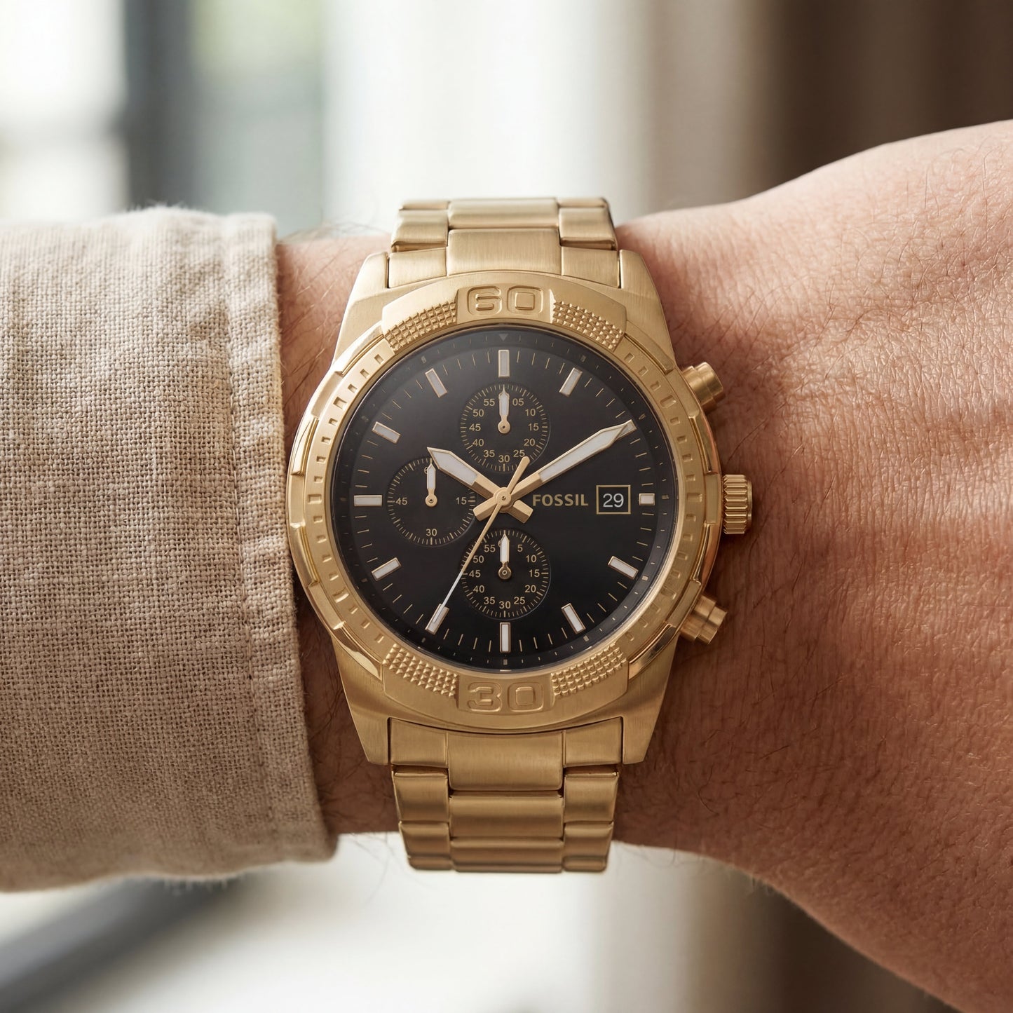 Luxury Gold Stainless Steel Chronograph Watch Black Dial Multi-Subdial Date Display Sport Watch – Men