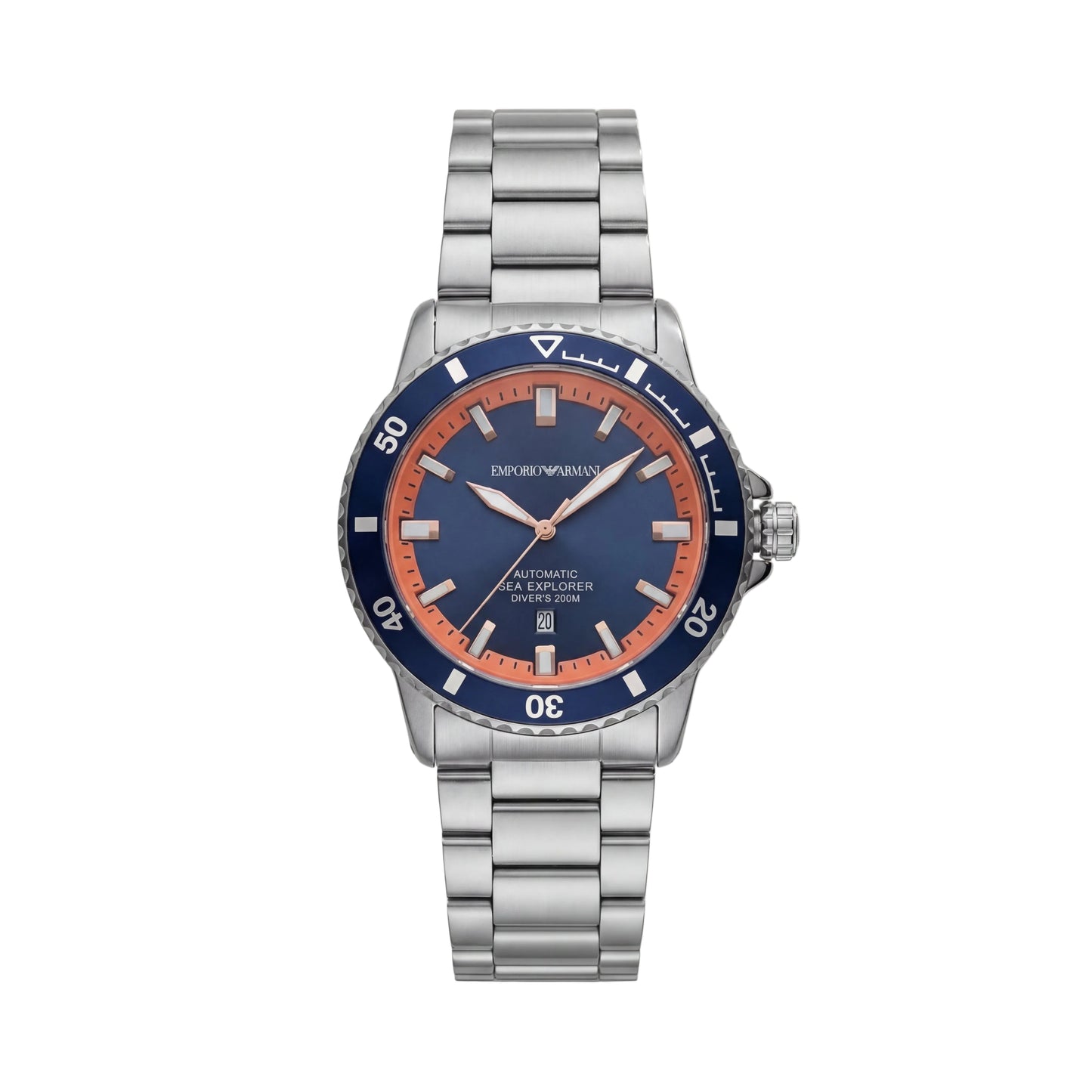 Premium Silver Stainless Steel Diver Style Watch Blue Dial Orange Accent Bezel Date Display Sport Luxury Watch – Men