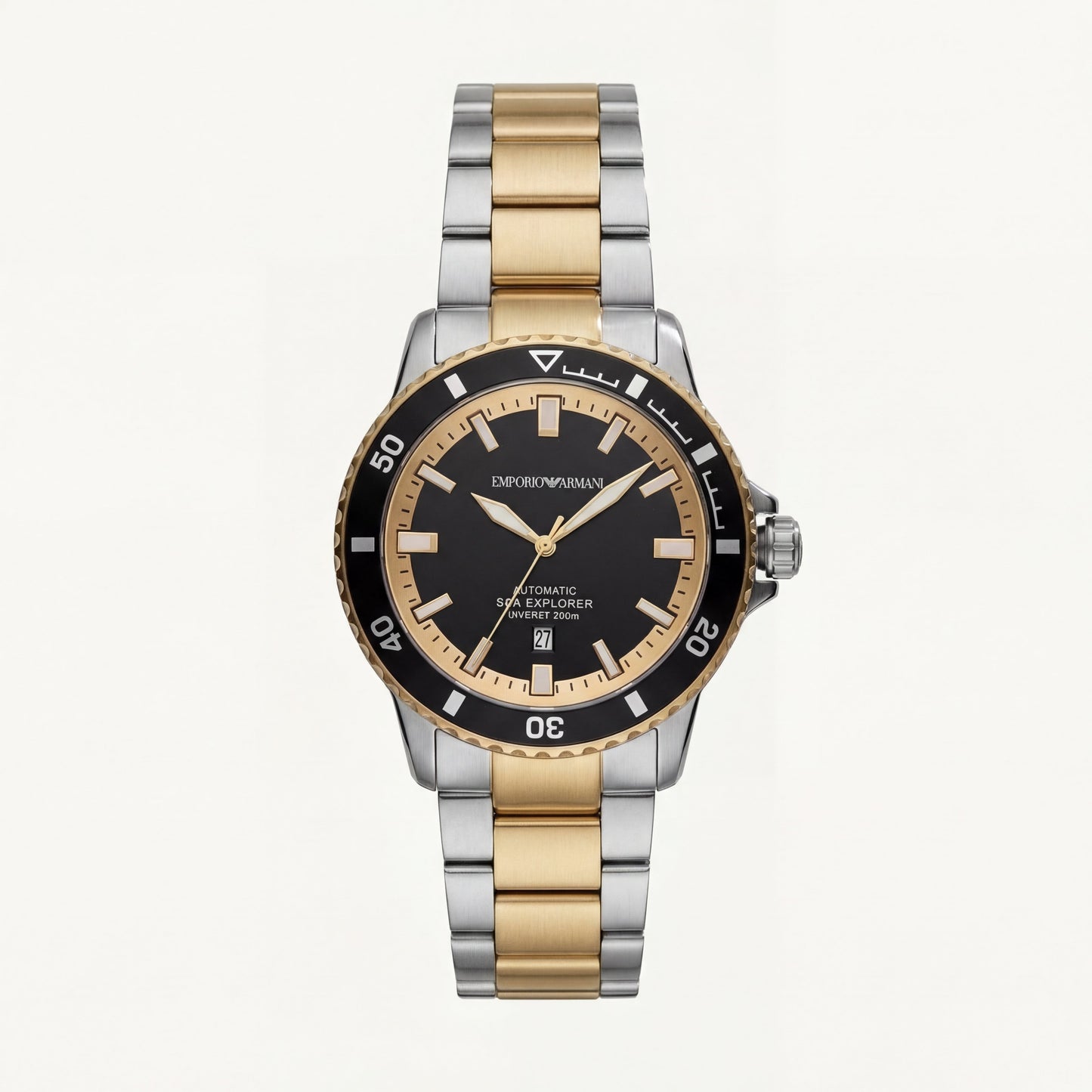 Premium Two-Tone Stainless Steel Diver Style Watch Black Dial Gold Accents Date Display Sport Luxury Watch – Men