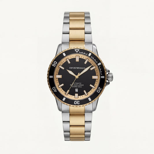 Premium Two-Tone Stainless Steel Diver Style Watch Black Dial Gold Accents Date Display Sport Luxury Watch – Men