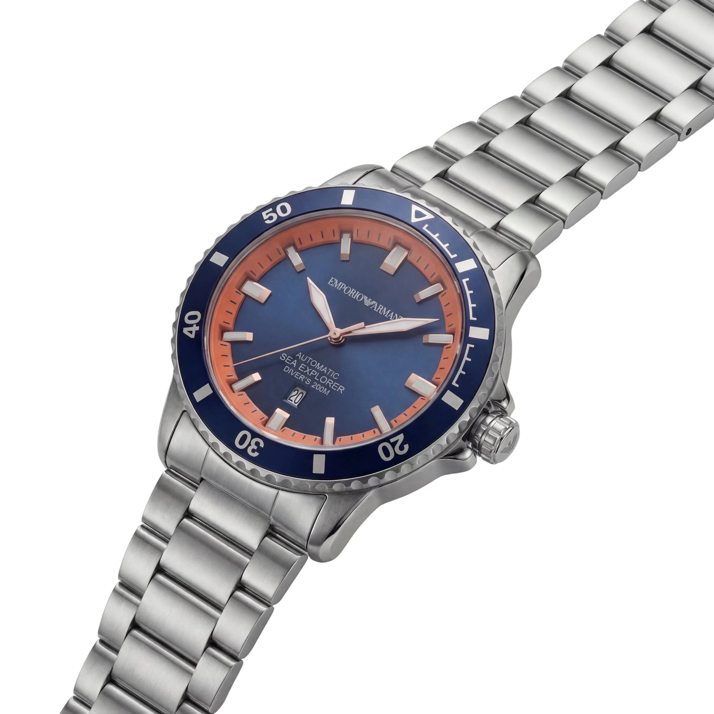 Premium Silver Stainless Steel Diver Style Watch Blue Dial Orange Accent Bezel Date Display Sport Luxury Watch – Men