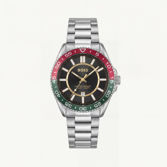 Premium Silver Stainless Steel Watch Black Dial Tricolor Sport Bezel Date Display Classic Luxury Watch – Men