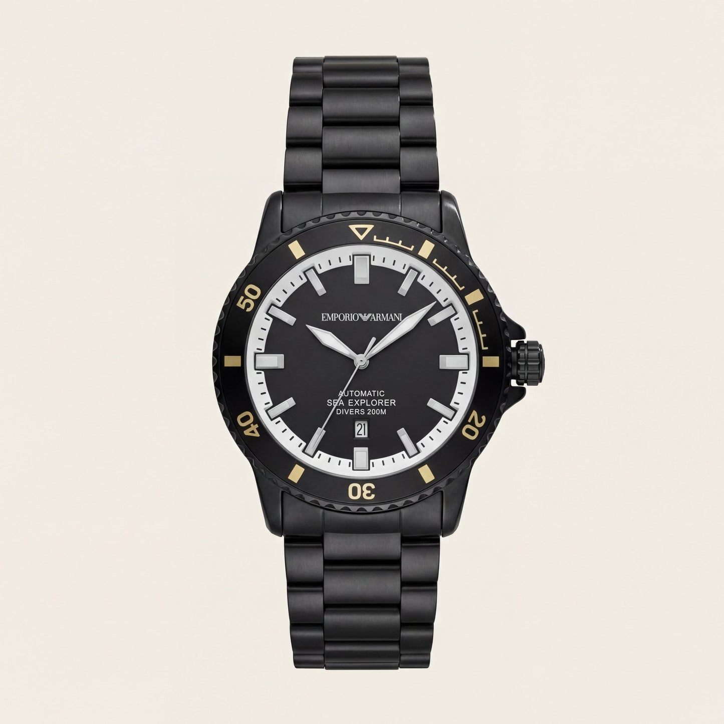 Premium Black Stainless Steel Diver Style Watch Black Dial Gold Accent Bezel Date Display Sport Luxury Watch – Men
